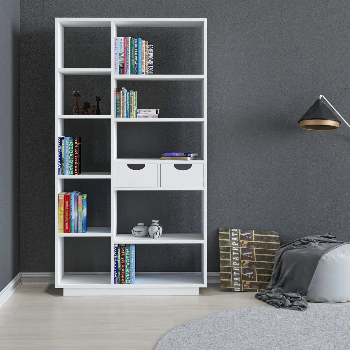 Librerie > Dmora Libreria 8 Ripiani 2 Cassetti 80x25x189h cm, Installazione Libera - Imer Bianco