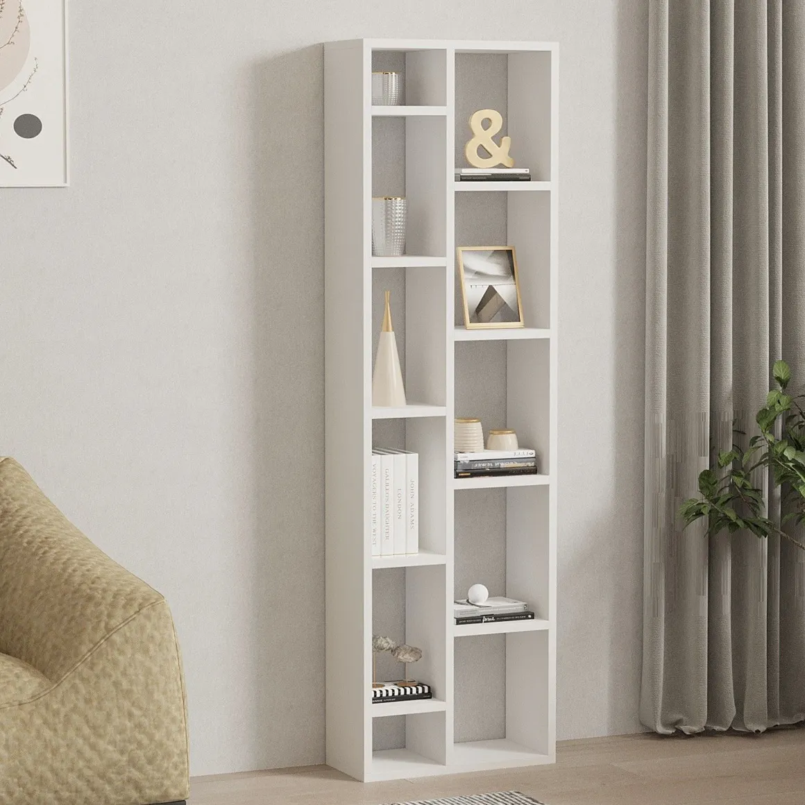 Librerie > Dmora Libreria 9 Ripiani Installazione a Terra 93x28x142h cm, Struttura a zig zag - Budrio Bianco