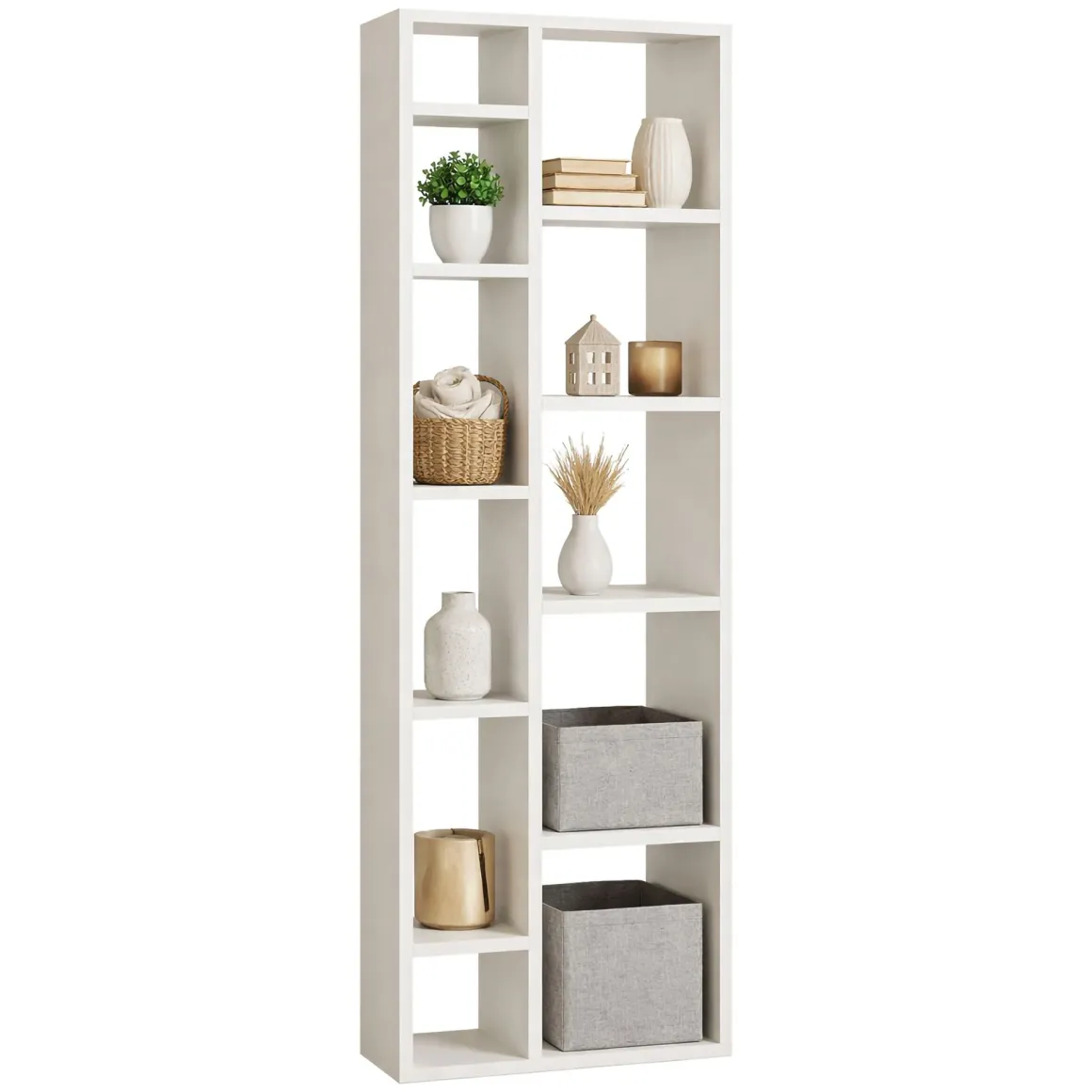 Librerie > Dmora Libreria 9 Ripiani Installazione a Terra 93x28x142h cm, Struttura a zig zag - Budrio Bianco