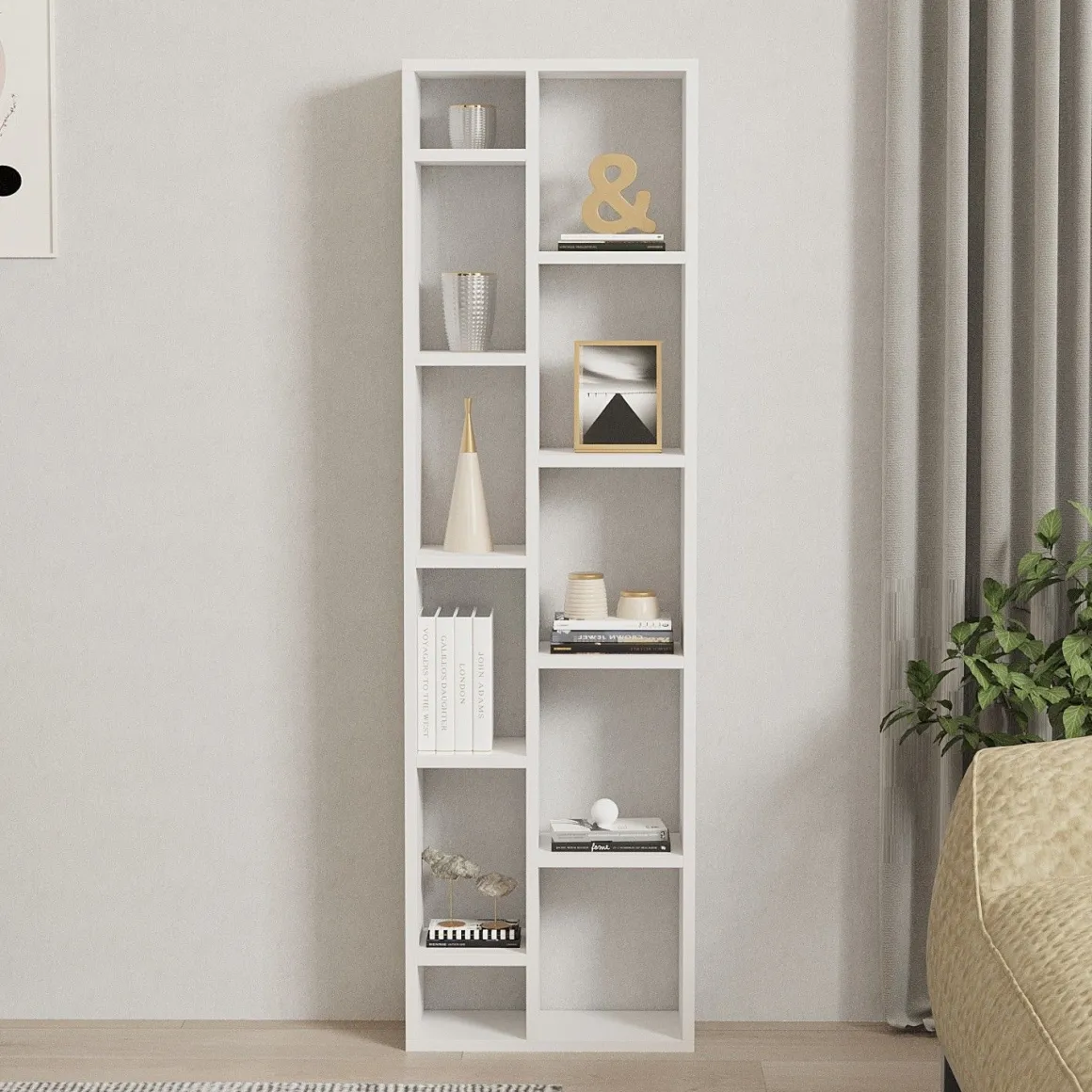 Librerie > Dmora Libreria 9 Ripiani Installazione a Terra 93x28x142h cm, Struttura a zig zag - Budrio Bianco