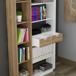 Librerie > Dmora Libreria Bianco Rovere Marrone 8 Ripiani 2 Cassetti 80x25x189h cm, Installazione Libera - Imer Marrone, Bianco Rovere