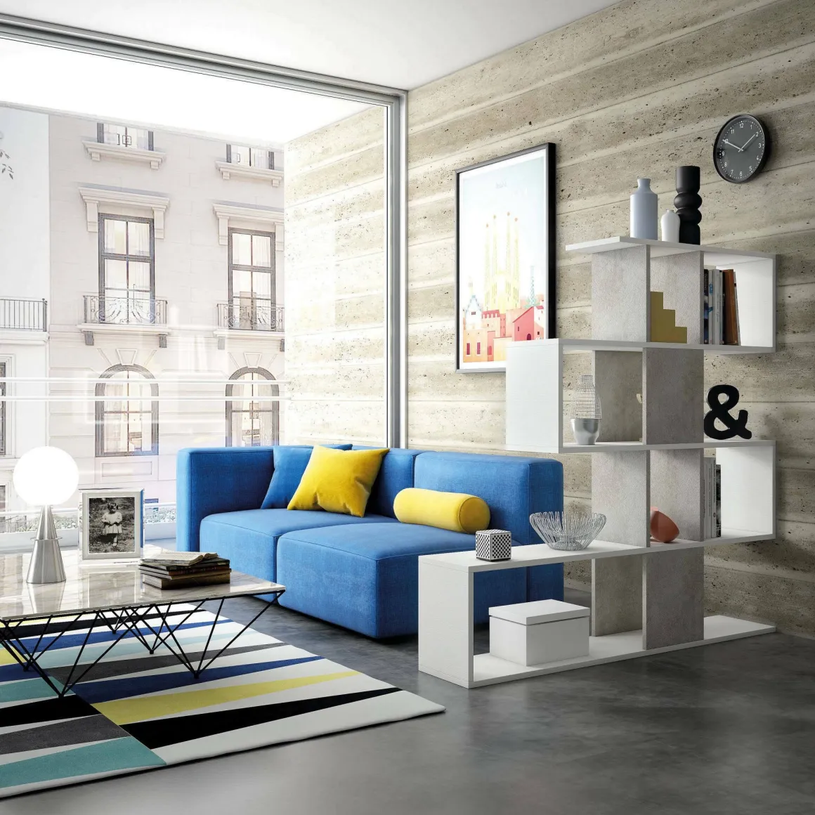 Libreria bifacciale bianca e cemento 145x145h cm - Allison