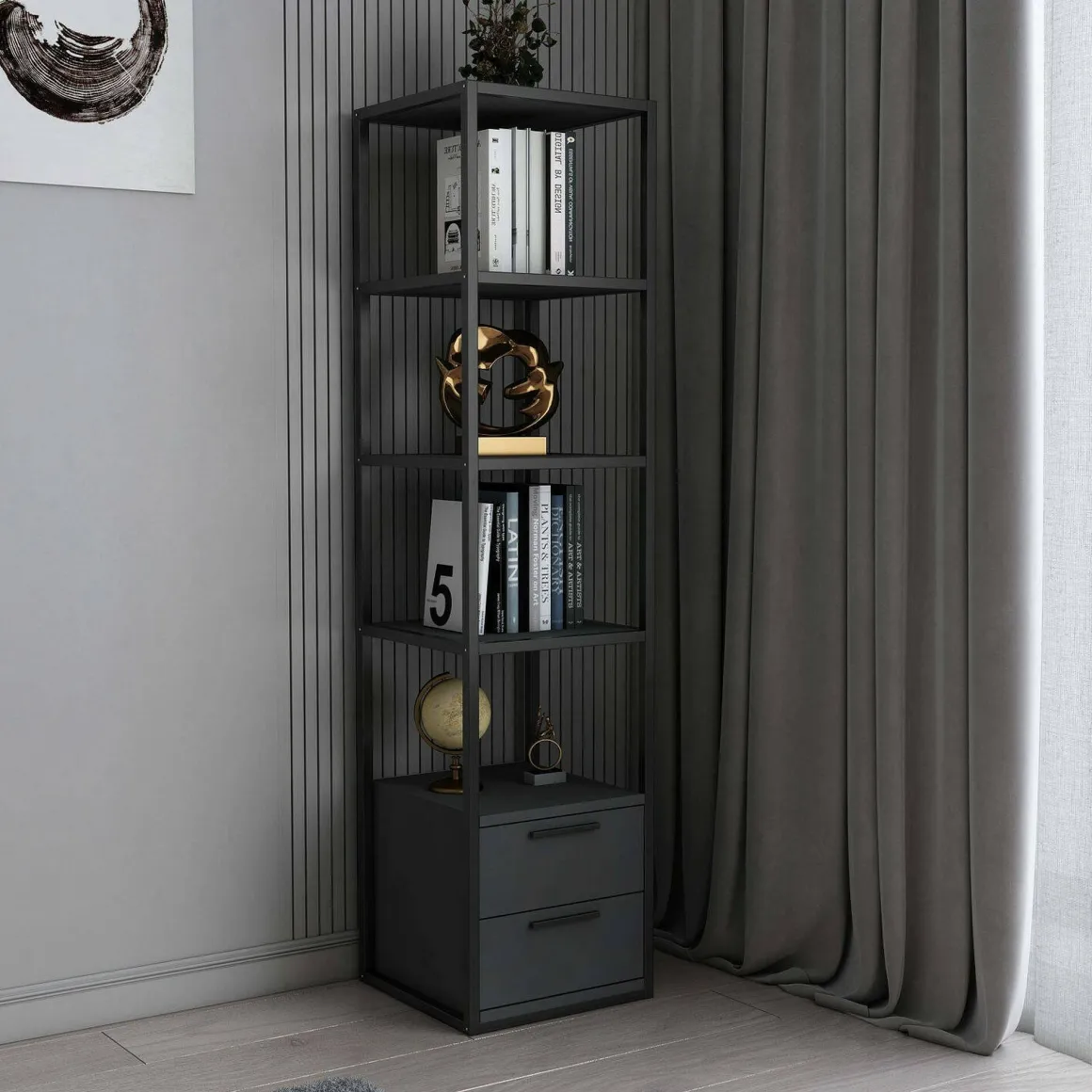 Libreria con 2 cassetti nera e antracite 39x169h cm - Arsim