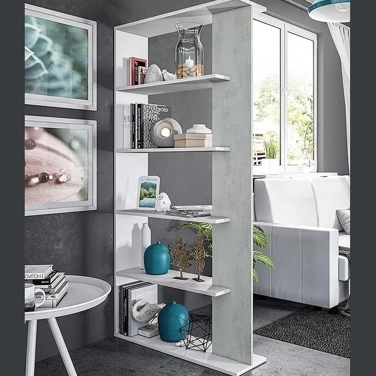 Librerie|Ufficio > Dmora Libreria divisoria bianca e cemento 90x180h cm - Eolo Grigio, Bianco Cemento