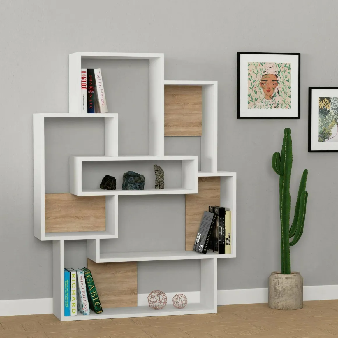 Libreria elegante bianca e quercia 101x132h cm - KhaiMuk