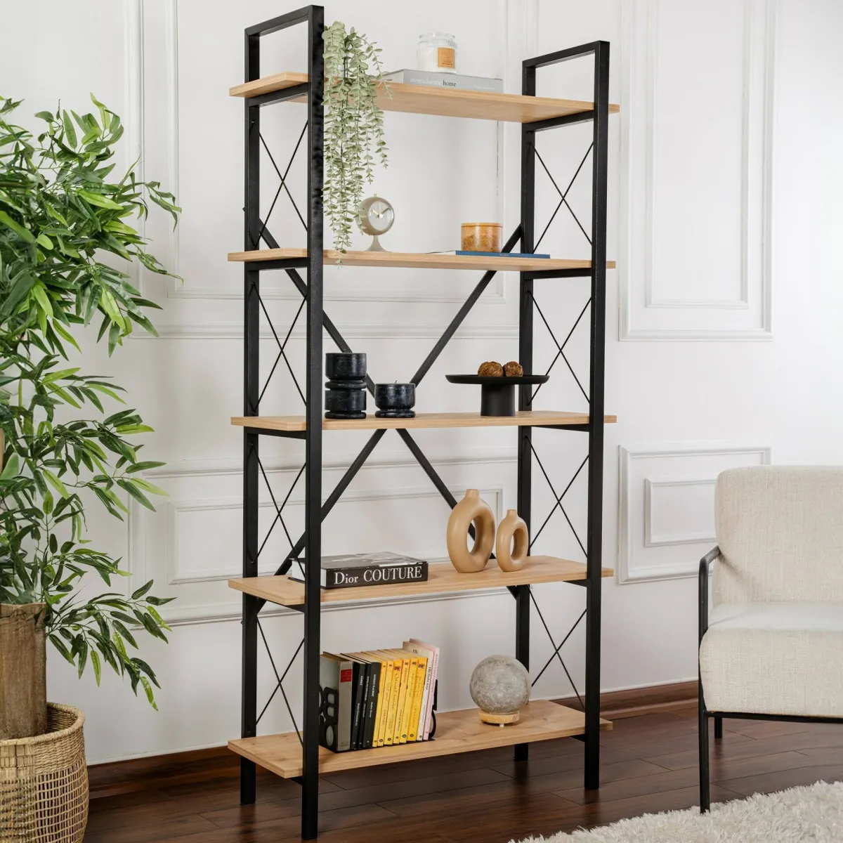 Librerie > Dmora Libreria fissa quercia e nera 90x180h cm - Suriel Nero, Marrone Quercia