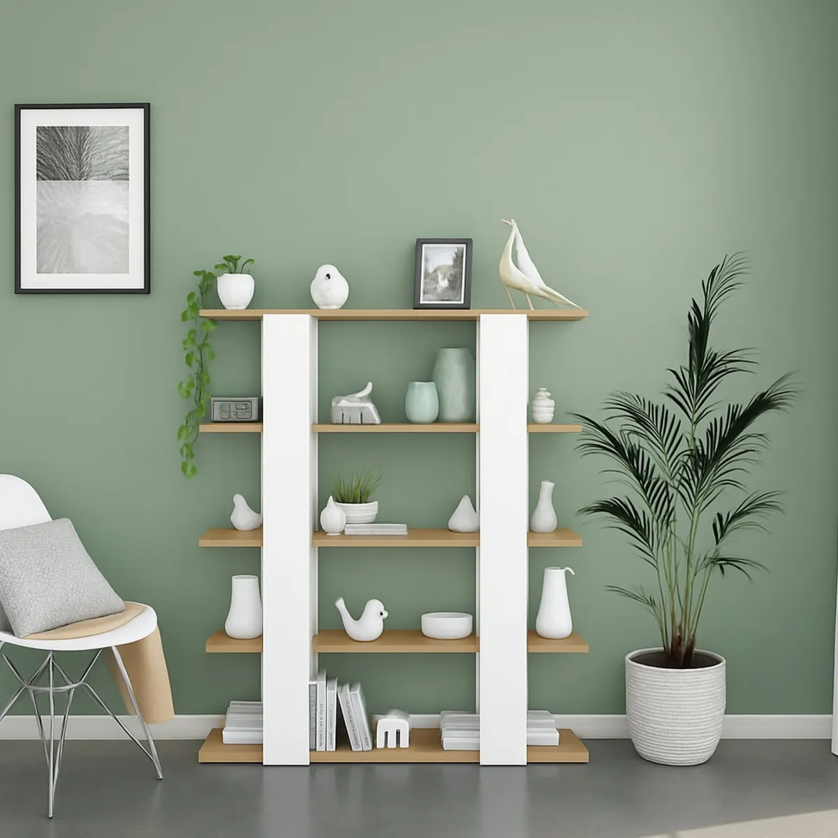 Librerie|Ufficio > Dmora Libreria fissa rovere nodi e bianca lucida 108x136h cm - Madreperla Bianco Lucido, Marrone Rovere Nodi