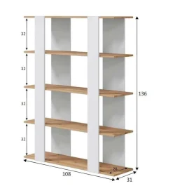 Librerie|Ufficio > Dmora Libreria fissa rovere nodi e bianca lucida 108x136h cm - Madreperla Bianco Lucido, Marrone Rovere Nodi