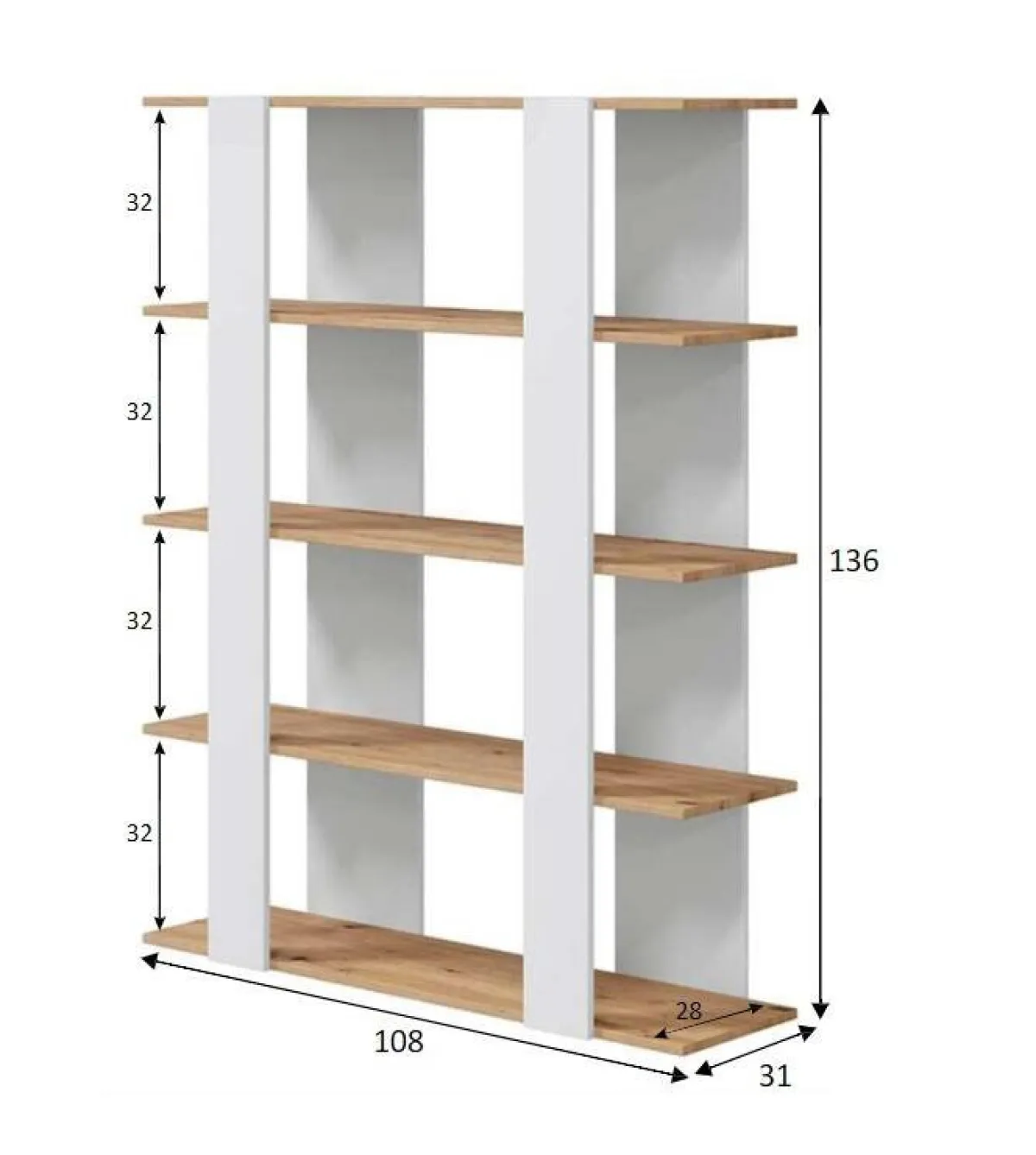 Librerie|Ufficio > Dmora Libreria fissa rovere nodi e bianca lucida 108x136h cm - Madreperla Bianco Lucido, Marrone Rovere Nodi
