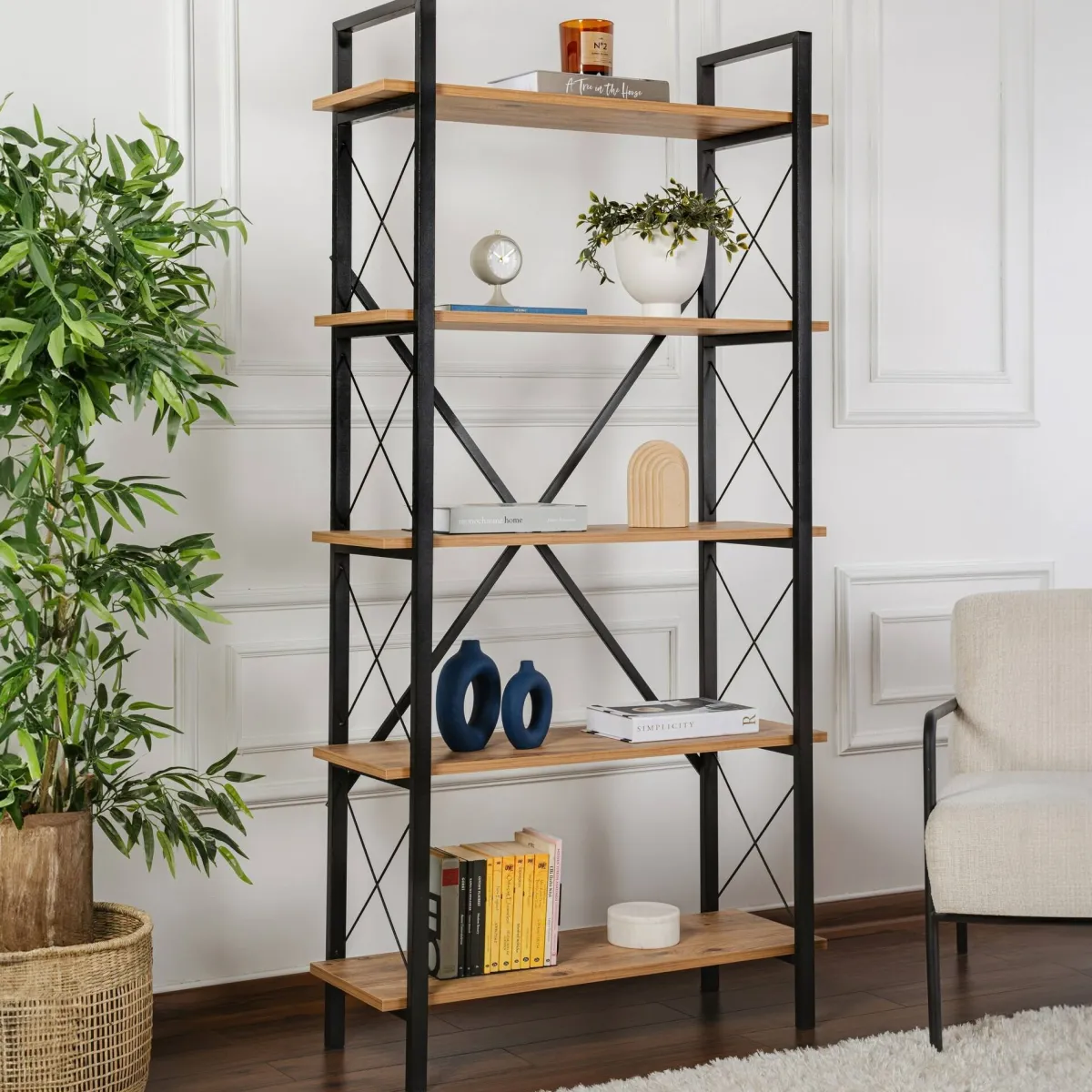 Librerie > Dmora Libreria in legno massello pino e nera 90x180h cm - Suriel Nero, Marrone Pino