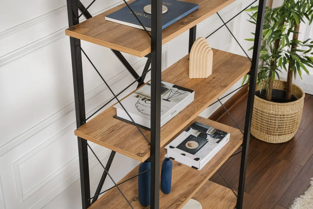 Librerie > Dmora Libreria in legno massello pino e nera 90x180h cm - Suriel Nero, Marrone Pino