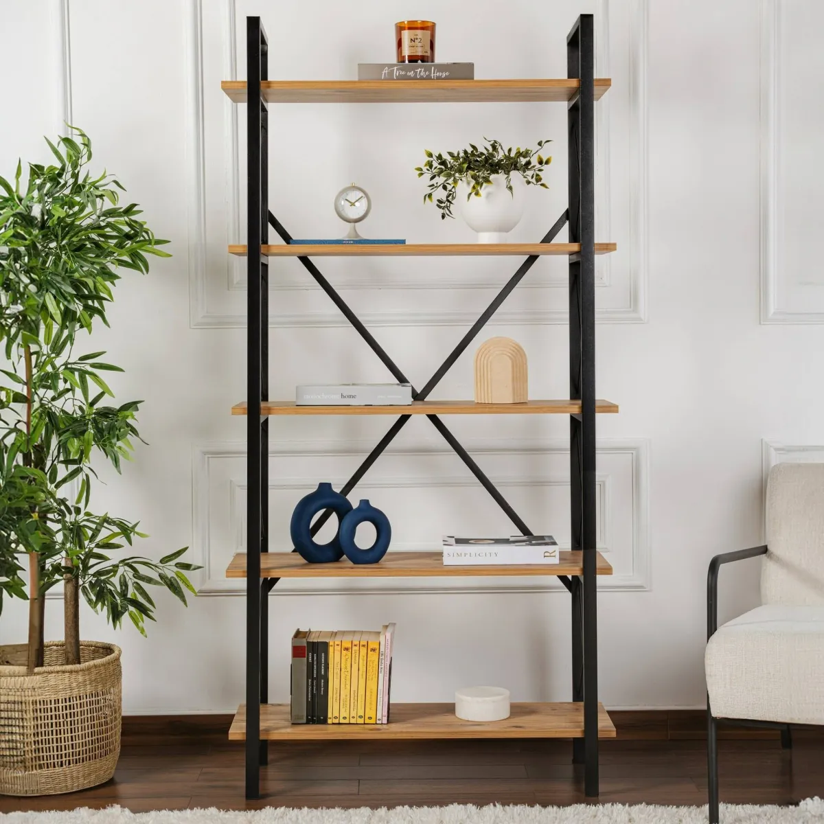 Librerie > Dmora Libreria in legno massello pino e nera 90x180h cm - Suriel Nero, Marrone Pino