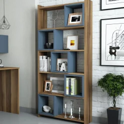 Libreria Marrone Noce blu Ardesia 4 Ripiani Installazione Libera 80x22x170h cm, Sfumatura Colore Struttura Noce - Policoro