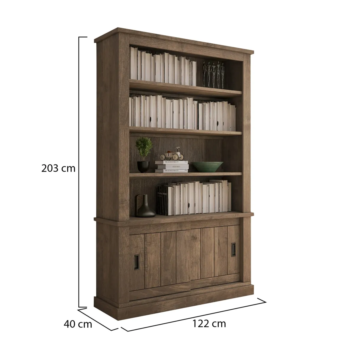 Libreria Marrone Noce Marrone Noce 3 Ripiani 2 Ante 122x40x203h cm, Installazione a Terra - Evandro