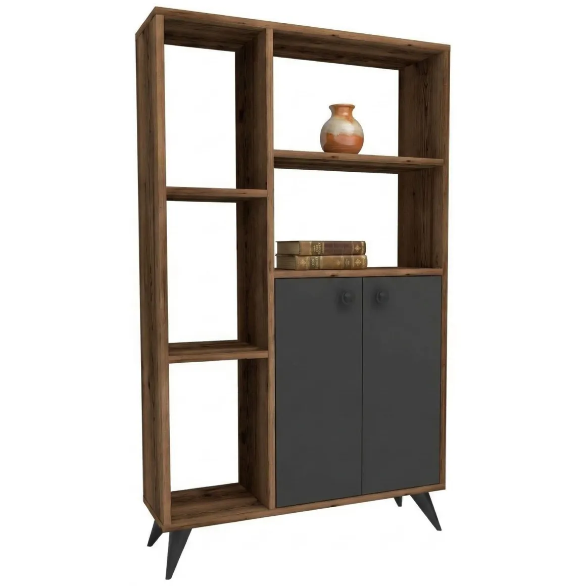 Libreria Marrone Noce Nero Antracite 5 Ripiani 2 Ante 80x25x136h cm, Installazione Libera - Taggia