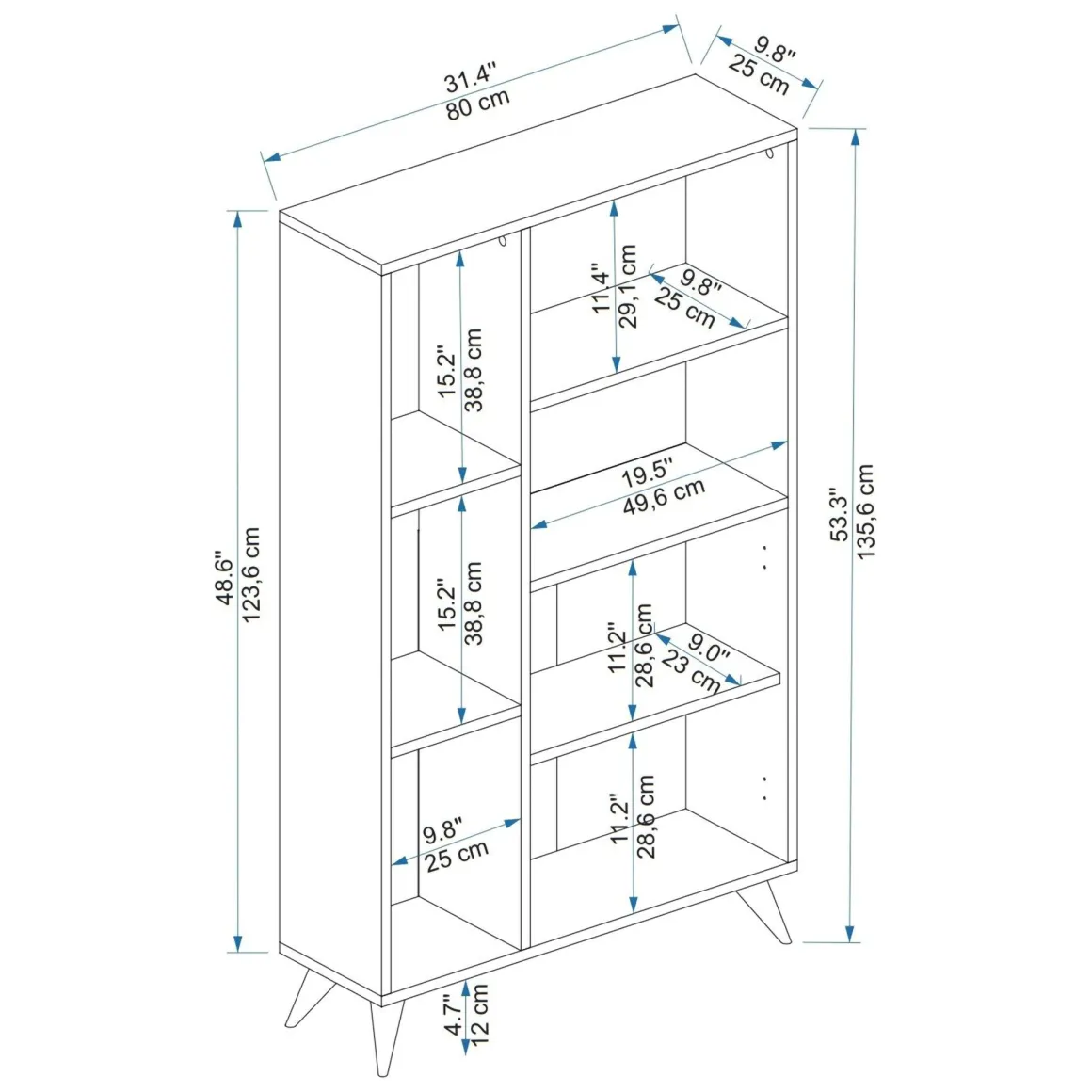 Libreria Marrone Noce Nero Antracite 5 Ripiani 2 Ante 80x25x136h cm, Installazione Libera - Taggia
