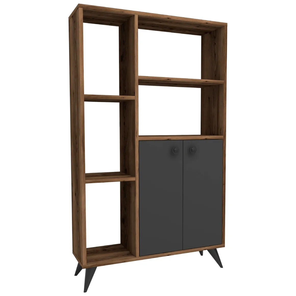 Libreria Marrone Noce Nero Antracite 5 Ripiani 2 Ante 80x25x136h cm, Installazione Libera - Taggia