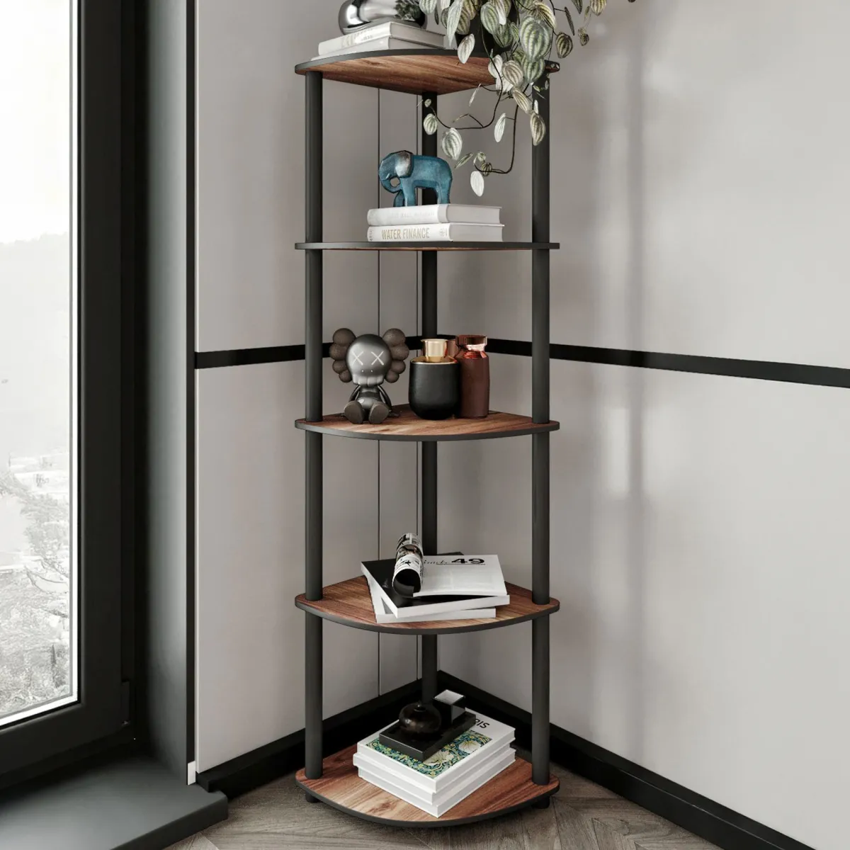 Librerie > Dmora Libreria Marrone Noce Nero 4 Ripiani Installazione Libera 34x34x139h cm, Sfumatura Colore Struttura Noce - Sessanio Nero, Marrone Noce