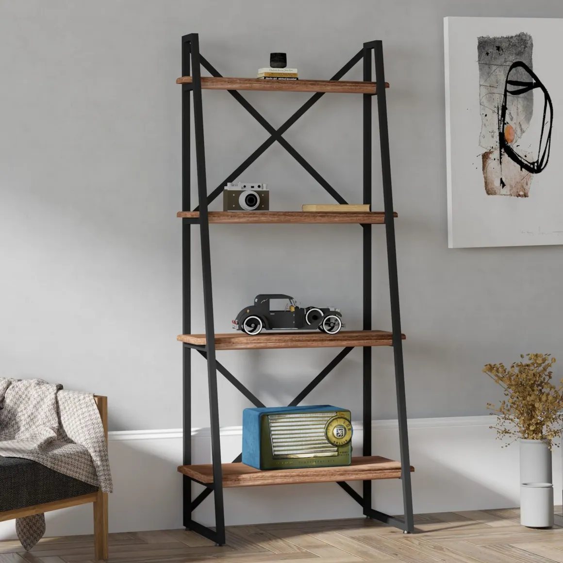 Libreria Marrone Noce Nero 4 Ripiani Installazione Libera 66x30x150h cm, Utilizzabile Come Divisorio Locale - Framura
