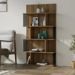 Librerie > Dmora Libreria Marrone Noce Nero 5 Ripiani Installazione Libera 160x26x160h cm, Utilizzabile Come Divisorio Locale - Perletto Nero, Marrone Noce