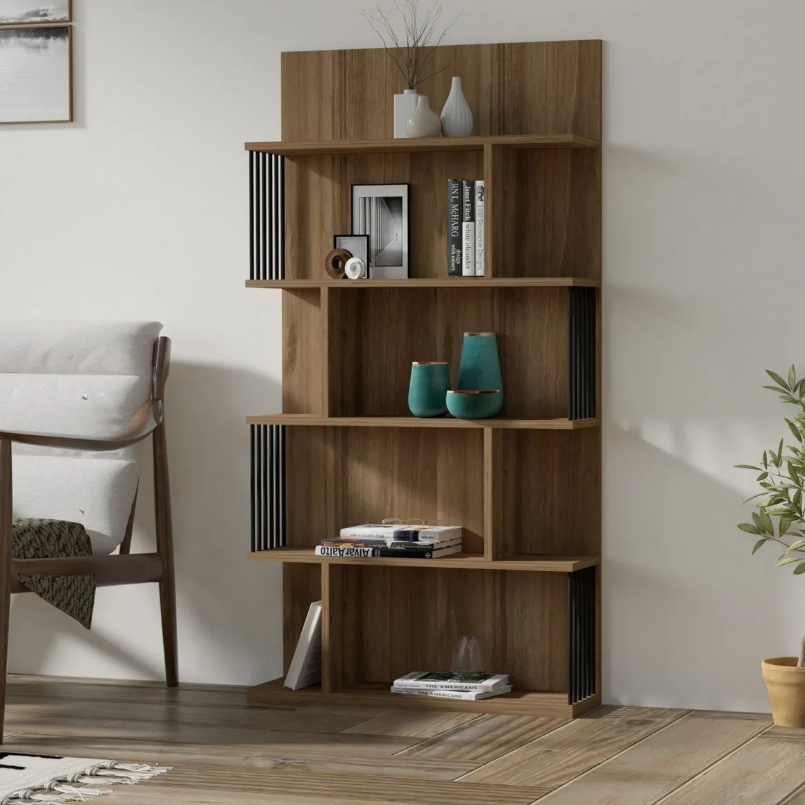 Libreria Marrone Noce Nero 4 Ripiani Installazione Libera 80x22x160h cm, Sfumatura Colore Struttura Noce - Pedara