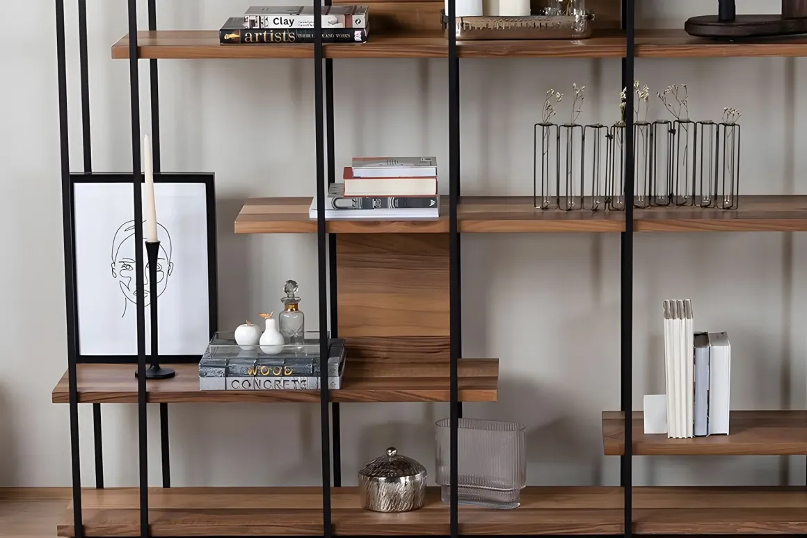 Libreria Marrone Noce Nero 5 Ripiani Installazione Libera 170x35x180h cm, Utilizzabile Come Divisorio Locale - Calogero
