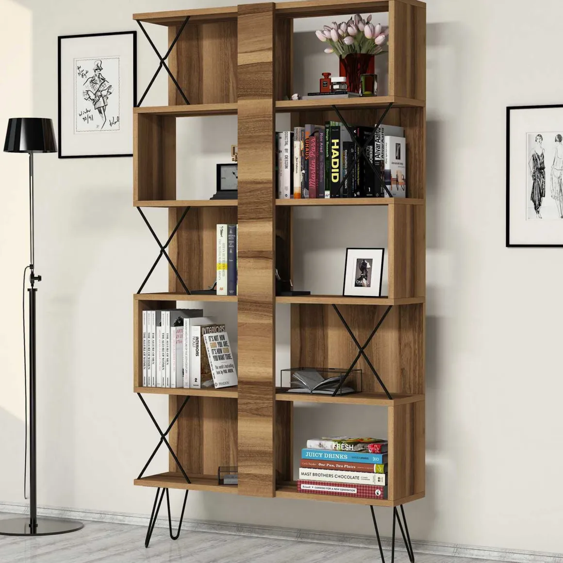 Libreria Marrone Noce 10 Ripiani Installazione Libera 90x22x167h cm, Struttura Verticale - Campagna