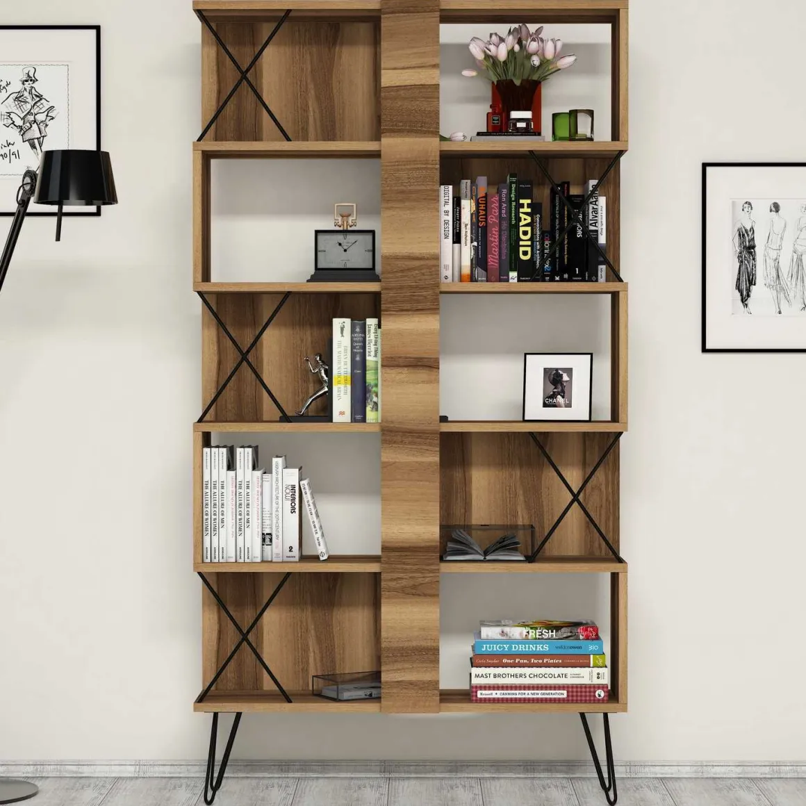 Libreria Marrone Noce 10 Ripiani Installazione Libera 90x22x167h cm, Struttura Verticale - Campagna