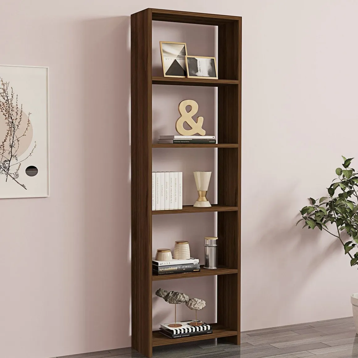 Libreria Marrone Noce 5 Ripiani Installazione Libera 50x20x160h cm, Struttura Verticale - Burcei