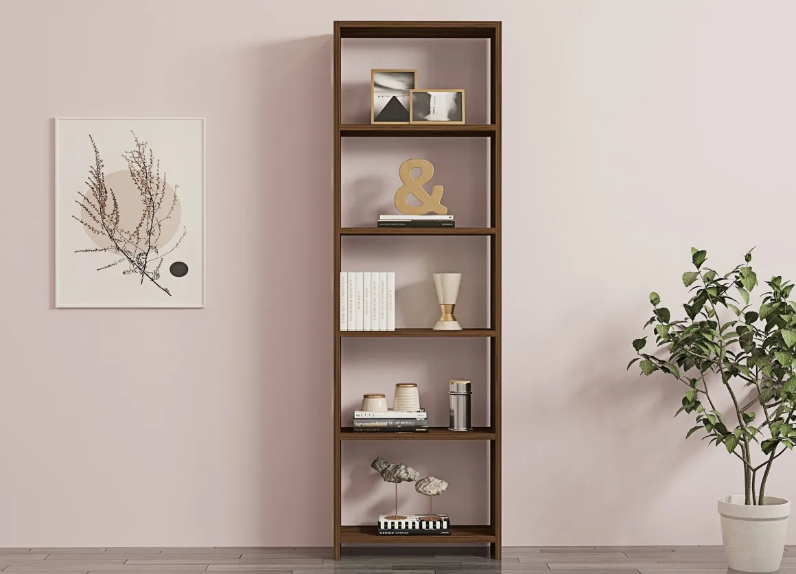 Libreria Marrone Noce 5 Ripiani Installazione Libera 50x20x160h cm, Struttura Verticale - Burcei