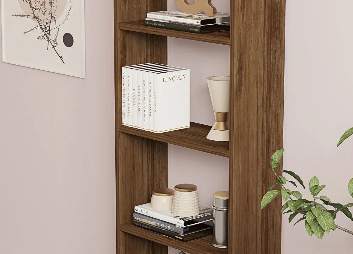 Libreria Marrone Noce 5 Ripiani Installazione Libera 50x20x160h cm, Struttura Verticale - Burcei