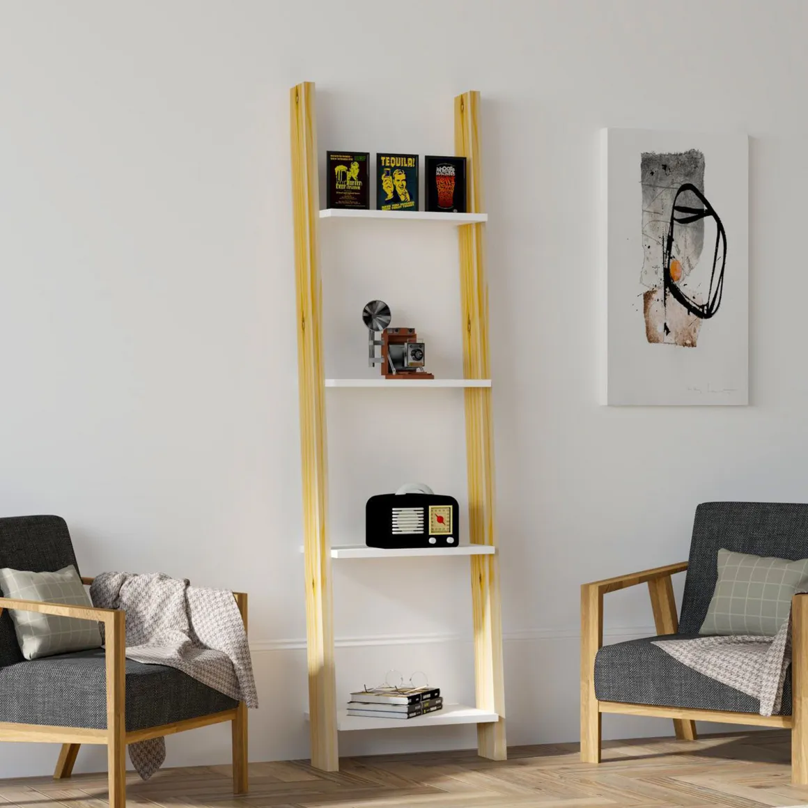 Libreria Marrone Rovere Bianco 4 Ripiani Installazione Libera 49x25x170h cm, Sfumatura Colore Struttura Rovere - Nembro