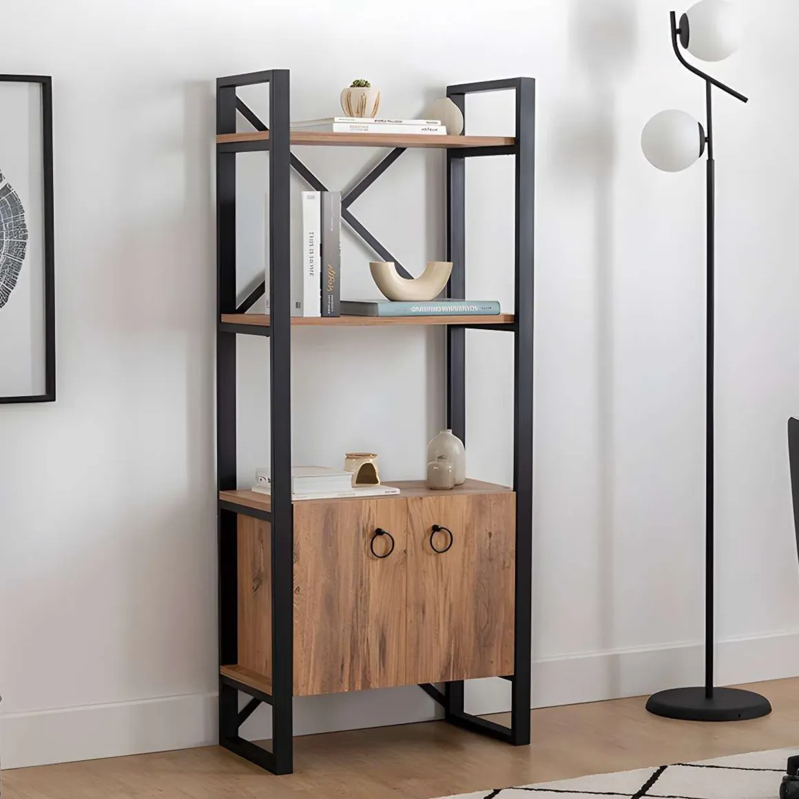 Libreria Marrone Rovere Nero 2 Ripiani 2 Ante 64x32x160h cm, Installazione Libera - Cicciano