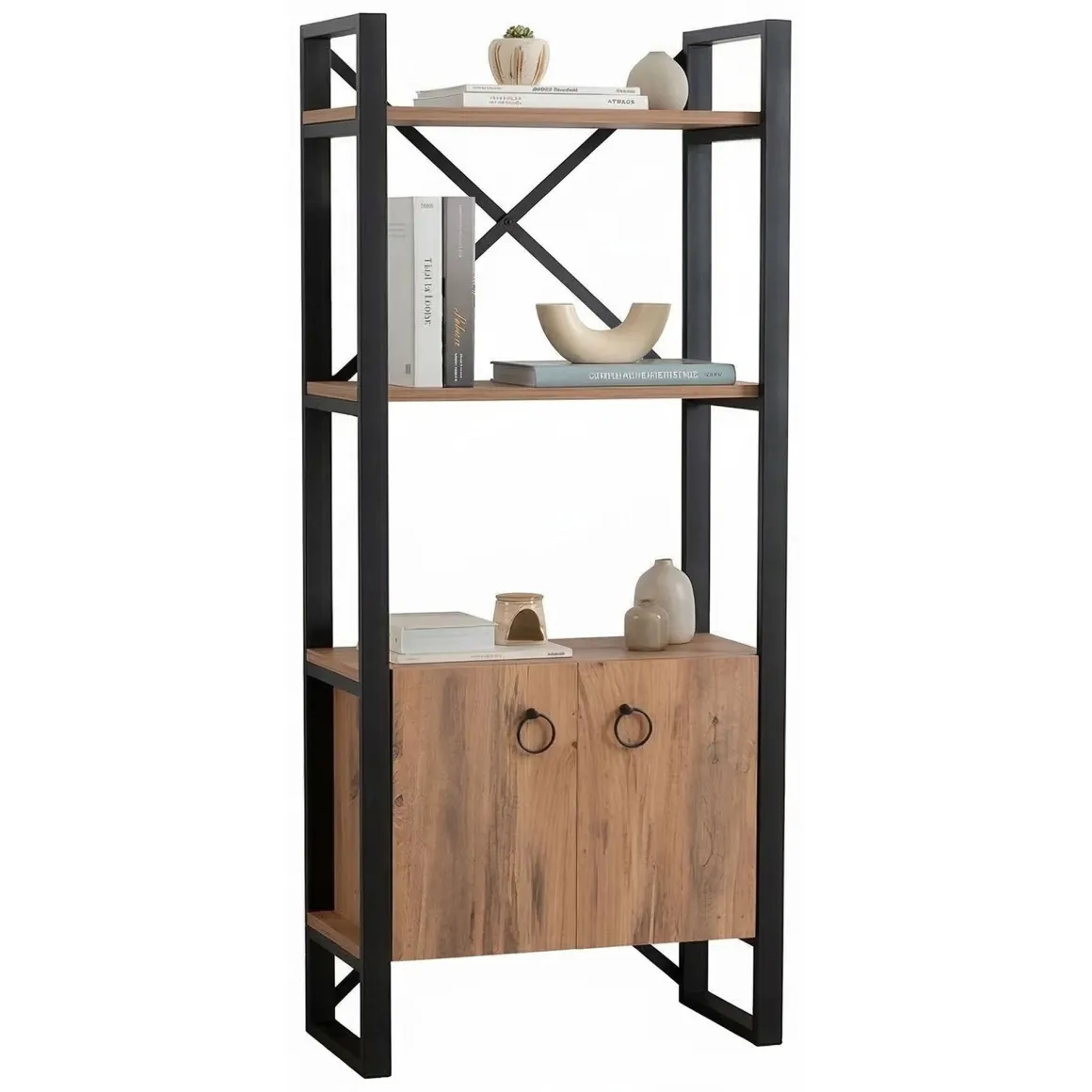 Libreria Marrone Rovere Nero 2 Ripiani 2 Ante 64x32x160h cm, Installazione Libera - Cicciano