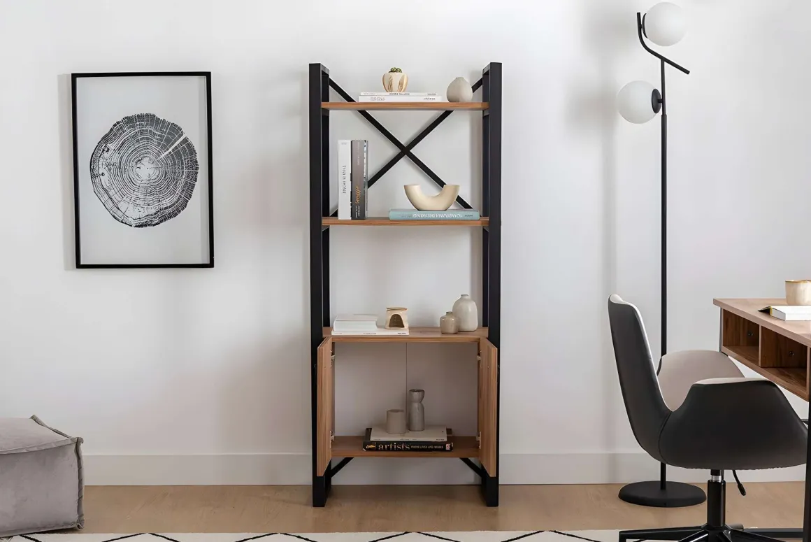 Libreria Marrone Rovere Nero 2 Ripiani 2 Ante 64x32x160h cm, Installazione Libera - Cicciano