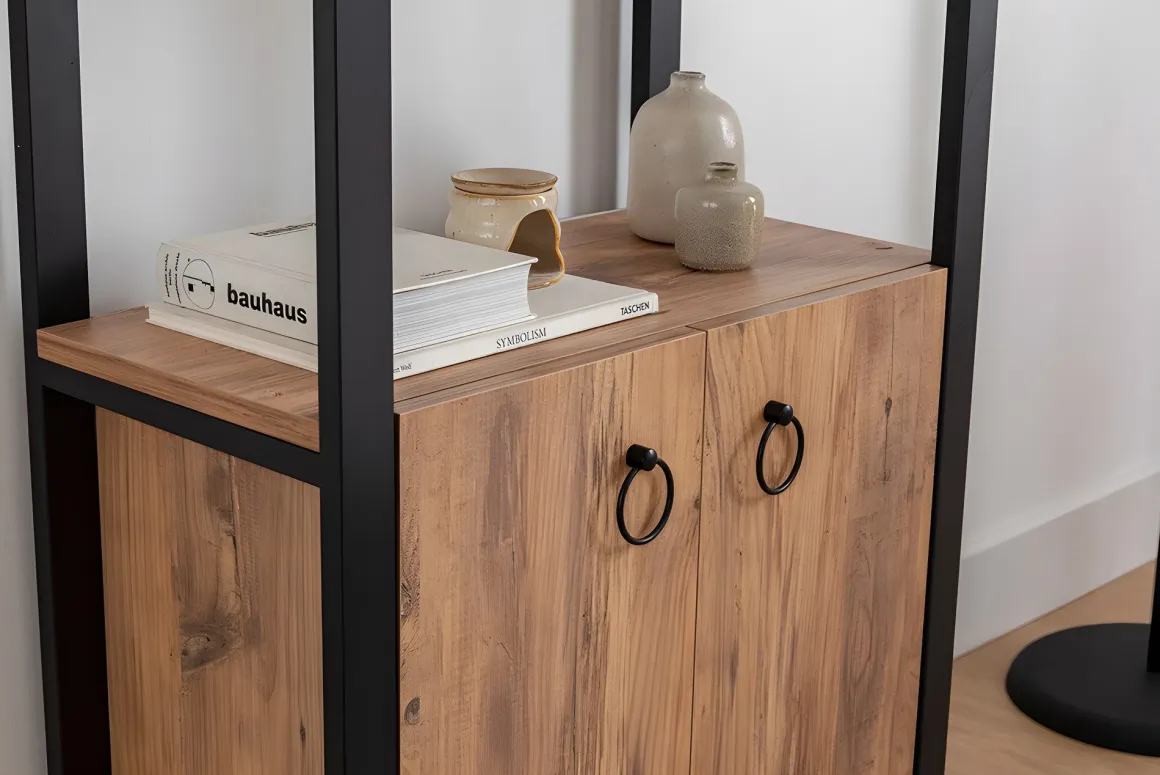 Libreria Marrone Rovere Nero 2 Ripiani 2 Ante 64x32x160h cm, Installazione Libera - Cicciano
