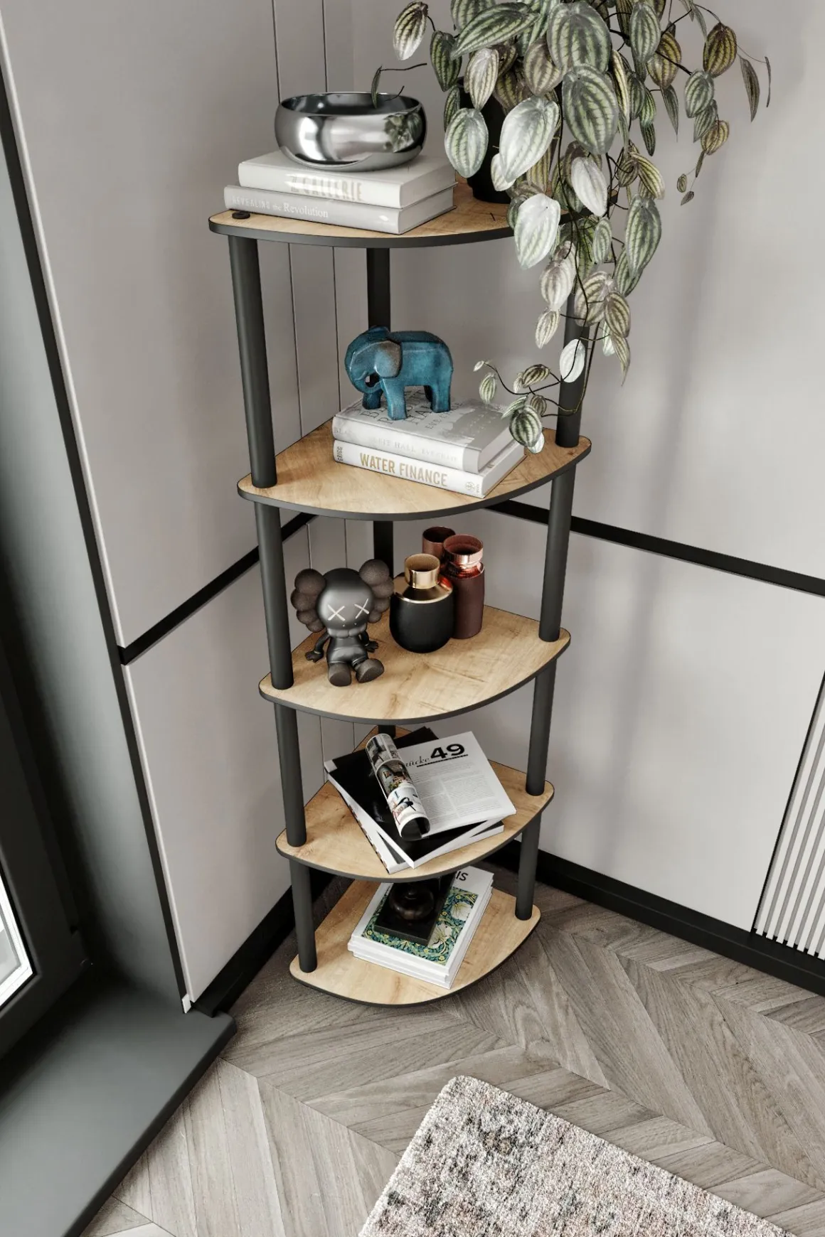 Librerie > Dmora Libreria Marrone Rovere Nero 4 Ripiani Installazione Libera 60x30x173h cm, Sfumatura Colore Struttura Rovere - Nervina Nero, Marrone Rovere