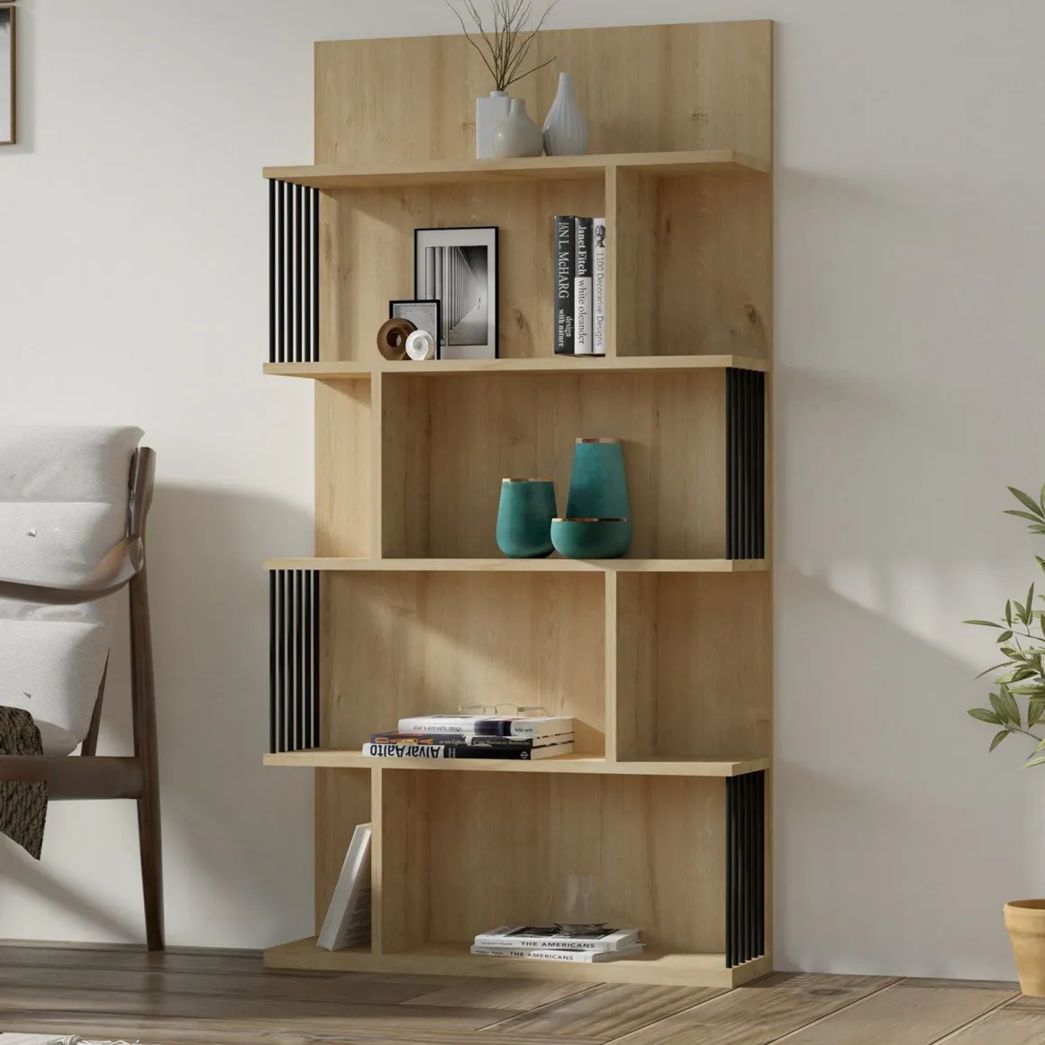 Libreria Marrone Rovere Nero 4 Ripiani Installazione Libera 80x22x160h cm, Sfumatura Colore Struttura Rovere - Pedara