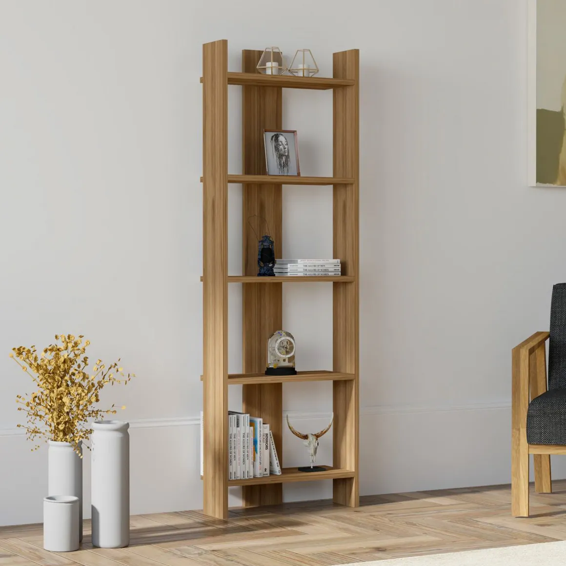 Librerie > Dmora Libreria 5 Ripiani Installazione Libera 64x30x180h cm, Struttura Verticale - Mantello Marrone Rovere