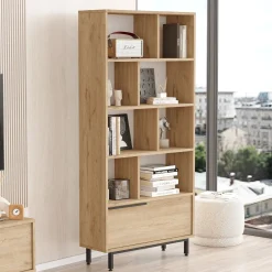Libreria Marrone Rovere 8 Ripiani Un'anta 84x30x176h cm, Installazione Libera - Seneghe