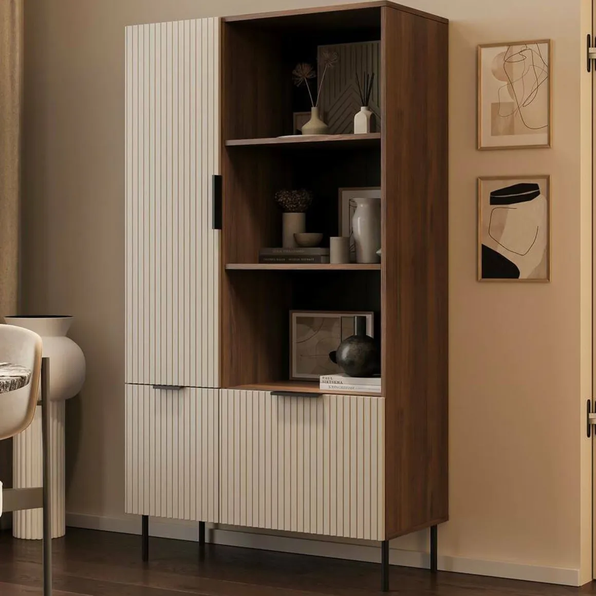 Libreria Mazze, 165x42 h90 cm, Noce e Beige