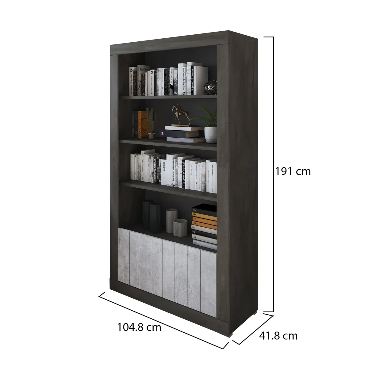 Librerie > Dmora Libreria Nero Antracite Grigio Cemento 3 Ripiani 2 Ante 105x42x191h cm, Installazione a Terra - Spinoso Grigio Cemento, Nero Antracite