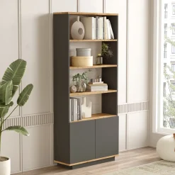 Libreria Nero Antracite Marrone Rovere 3 Ripiani 2 Ante 75x27x168h cm, Installazione Libera - Dego