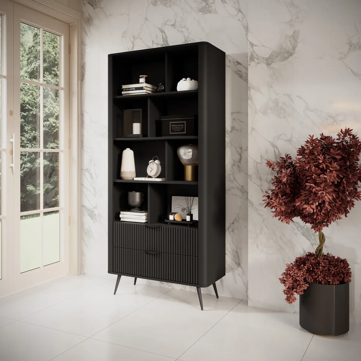 Libreria Nero 2 Cassetti 4 Ripiani 88x38x194h cm, con Piedini - Kabavasi