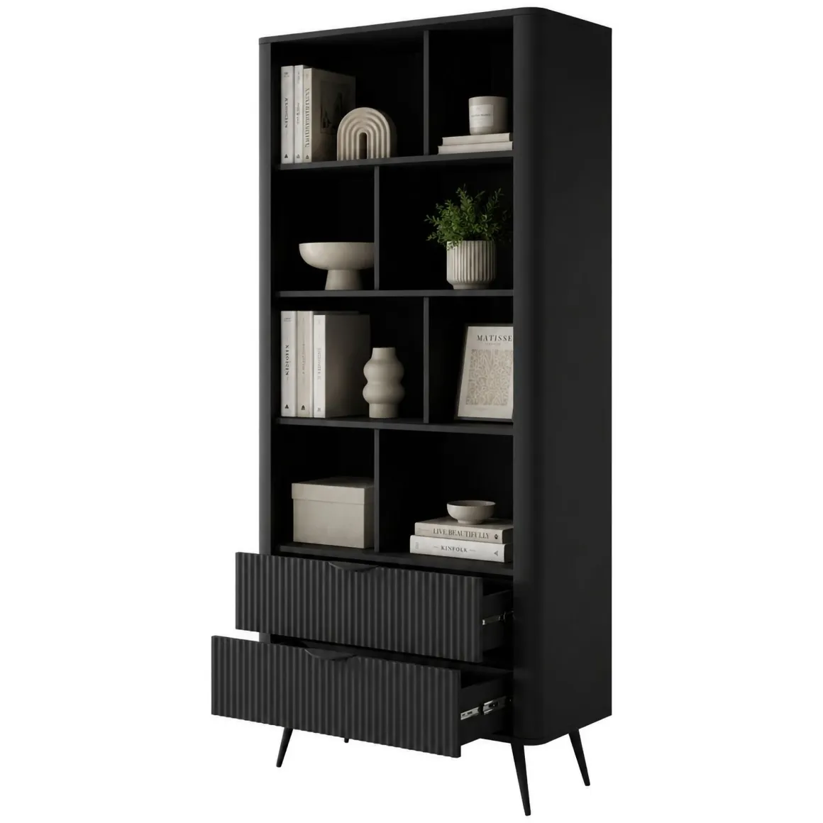 Libreria Nero 2 Cassetti 4 Ripiani 88x38x194h cm, con Piedini - Kabavasi
