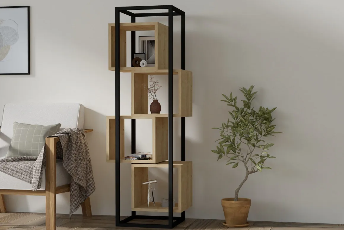 Libreria Nero Marrone Rovere 4 Ripiani Installazione Libera 44x29x140h cm, Sfumatura Colore Struttura Rovere - Navel