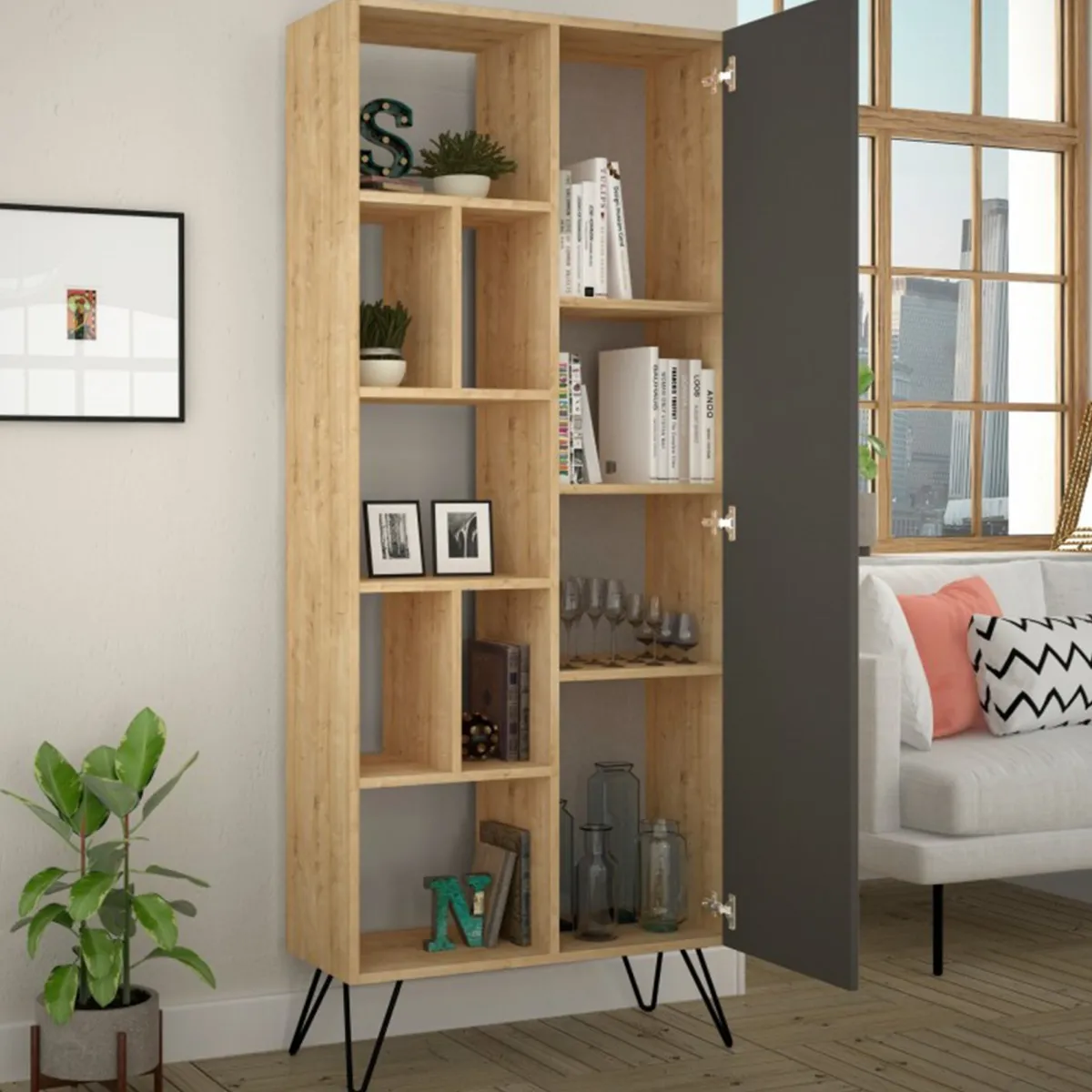 Librerie > Dmora Libreria rialzata quercia e antracite 79x190h cm - Lince Nero Antracite, Marrone Quercia
