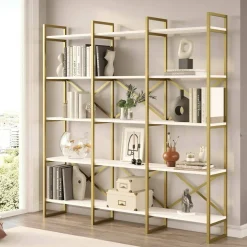 Librerie|Ufficio > Dmora Libreria 5 ripiani bianca e oro 170x175h cm - Gauro Oro, Bianco