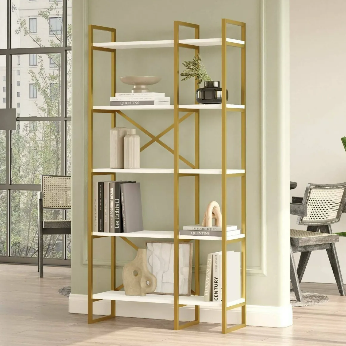 Libreria 5 ripiani bianca e oro 87x175h cm - Isla