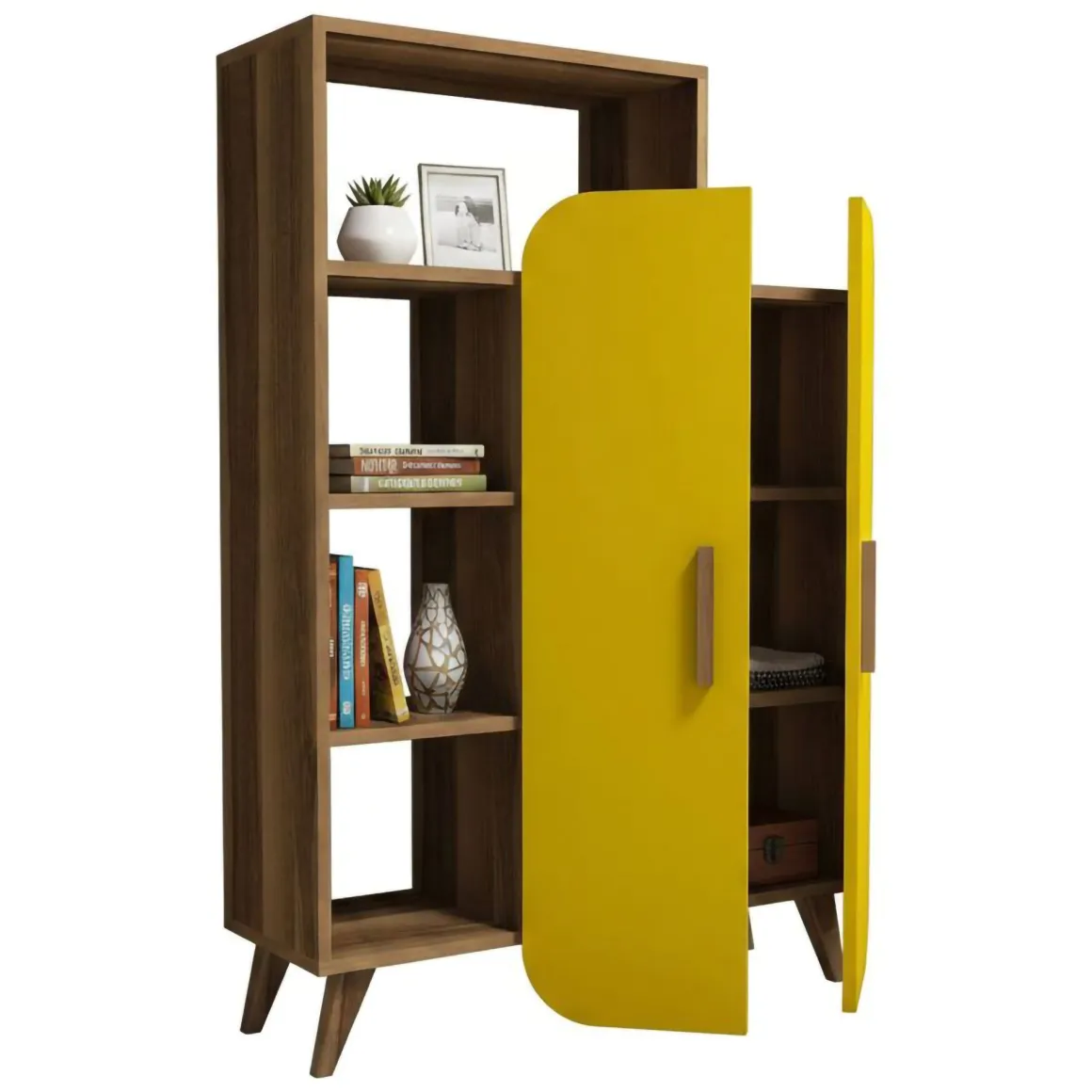 Libreria 5 ripiani noce e gialla 90x132h cm - Agni